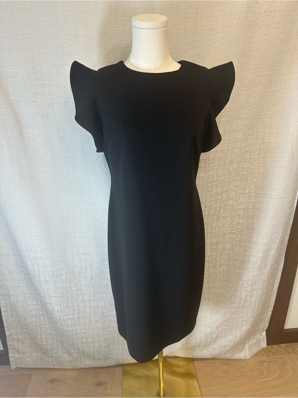 Calvin Klein Business Casual Black Long-Sleeve Crewneck Dress, Gold Zipper